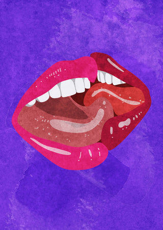 Illustration of two mouths kissing with glossy lips against a textured purple background.