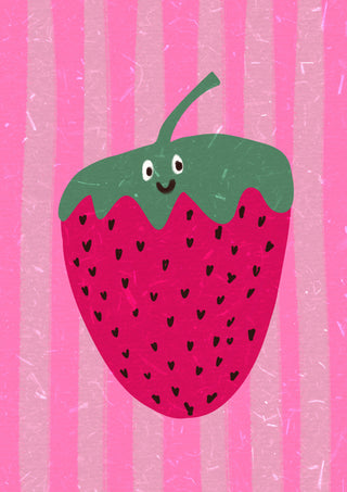 Illustration of a smiling strawberry with cartoon eyes on a pink striped background for Hello strawberry by Raissa Oltmanns.