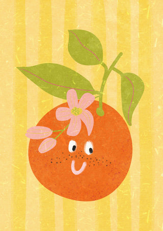 Illustrated orange with a smiling face, green leaves, and pink flower on a yellow striped background.