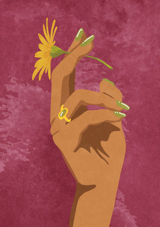 Illustration of a hand with green nails holding a yellow flower, set against a textured mauve background.