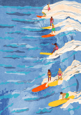 Illustration of surfers riding waves on colorful boards, inspired by Raissa Oltmanns' chilled surfing style.