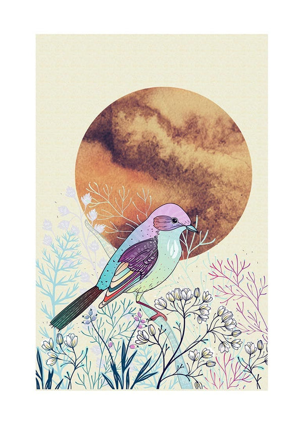 Colorful bird perched among pastel flowers with a golden sun in the background, featured on Sunrise poster.