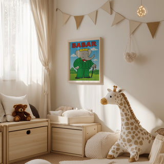 Babar The King poster on a wall in a cozy children's room with toys and natural light.