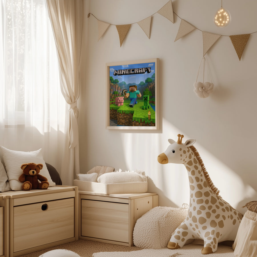 Minecraft poster featuring characters and landscape, framed on a nursery wall with soft toys and light wood furniture.