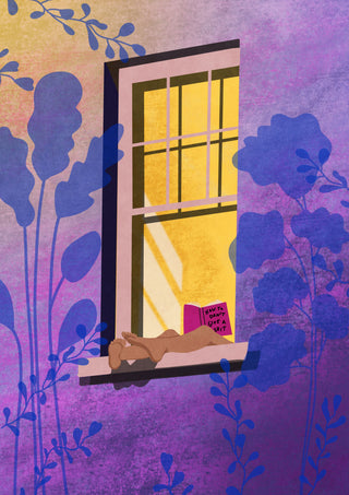 A person relaxing by a window reading "How to don't give a shit" by Raissa Oltmanns, with colorful shadows.