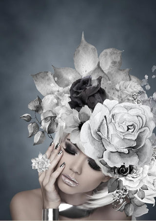 Woman with closed eyes wearing a headpiece of large silver flowers, featured on the Silver flowers 2 poster.