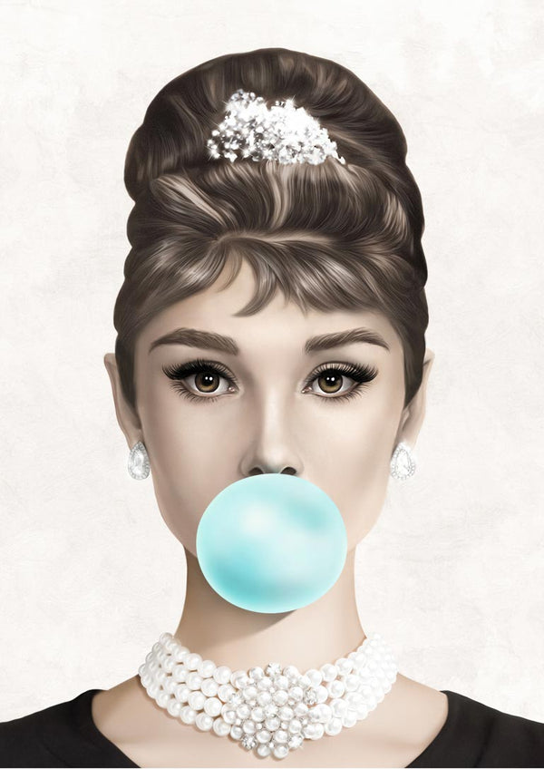 Stylized Audrey Hepburn portrait blowing blue bubblegum, wearing pearls and a black dress.