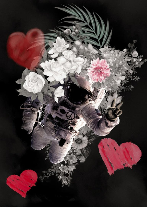 Astronaut giving a peace sign, surrounded by flowers and red hearts on a black background.