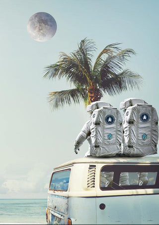 Two astronauts relaxing on a van roof by the beach with a palm tree and moon in the sky.
