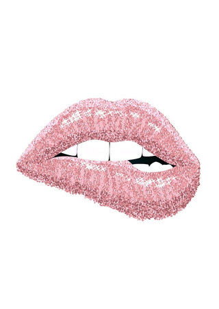 Poster of lips wearing sparkling pink shiny lipstick on a white background.
