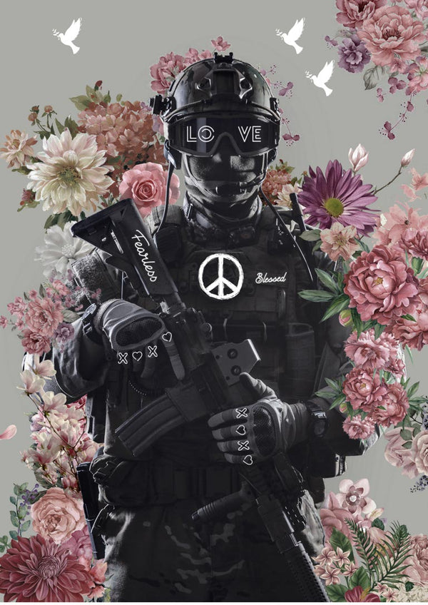 Poster of a soldier in tactical gear with peace symbols, surrounded by flowers and white doves.