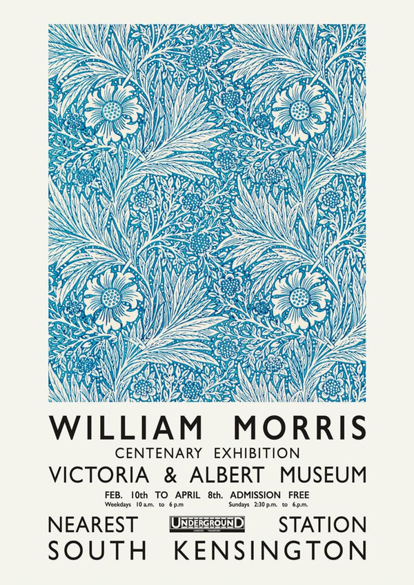 William Morris blue poster featuring floral pattern and exhibition details in vintage style.