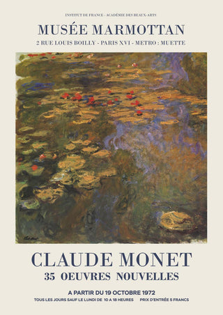 Poster for Claude Monet exhibition at Musée Marmottan, featuring an Impressionist painting with event details.