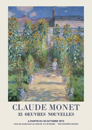 Impressionist garden scene with sunflowers by Claude Monet, woman and child walking on a path.