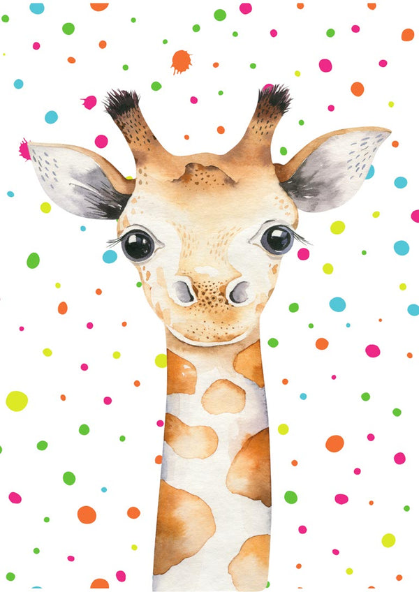 Cute giraffe illustration with colorful polka dots, perfect for a children's room poster.