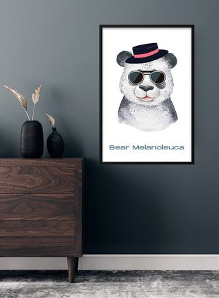 Poster of a panda wearing sunglasses and a hat, with "Bear Melanoleuca" text, hanging in a child's room.