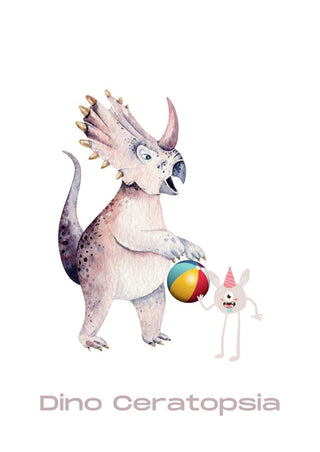 Cartoon ceratopsian dinosaur with a party hat bunny holding a colorful ball, text "Dino Ceratopsia" below.