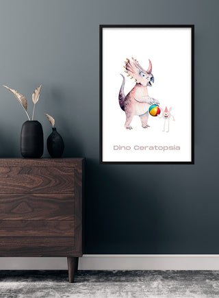 Framed Cool Dinosaurus poster for kids featuring a playful dinosaur with a ball and a small dog.
