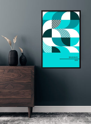 1919 Bauhaus Poster #3 with abstract turquoise, white, and black geometric shapes on a modern wall.