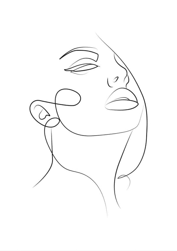 Minimalist line art of a woman's face with beautiful lips, featured on a modern poster design.