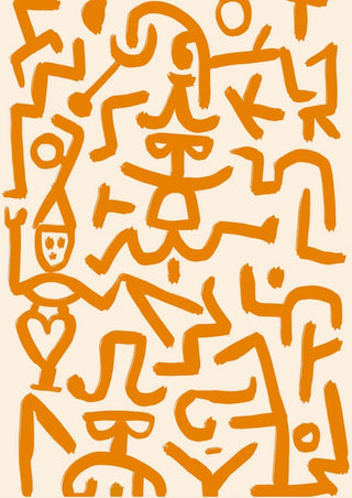 Abstract Paul Klee-inspired orange art poster with playful line figures, ideal for living room decor.