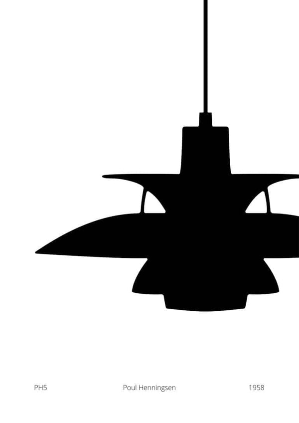 Minimalist poster of Poul Henningsen's PH5 lamp in black silhouette, perfect for living room decor.