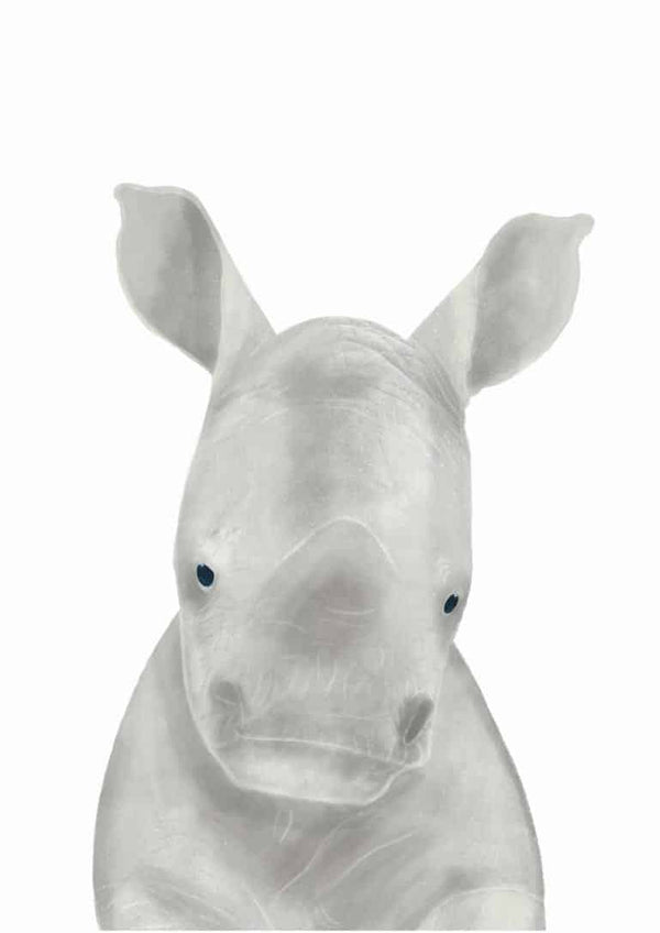 Cute illustrated baby rhinoceros with big ears, designed for children's rooms.