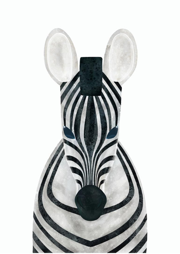 Cute illustrated zebra with bold black and white stripes, designed for children's room decor poster.