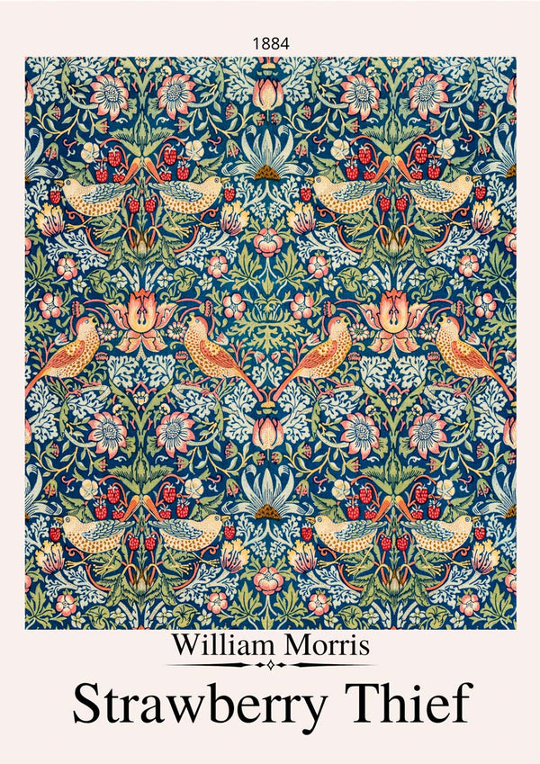 Ornate floral and bird pattern in rich colors, Strawberry Thief art poster by William Morris displayed on a product page.
