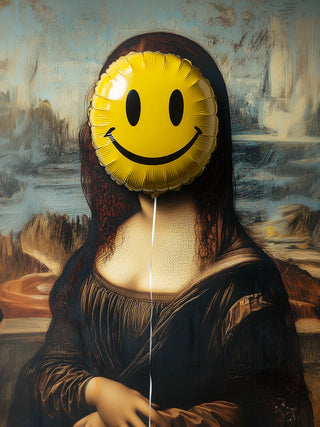 Parody of the Mona Lisa with a yellow smiley face balloon covering her face, titled Dikhotomy.