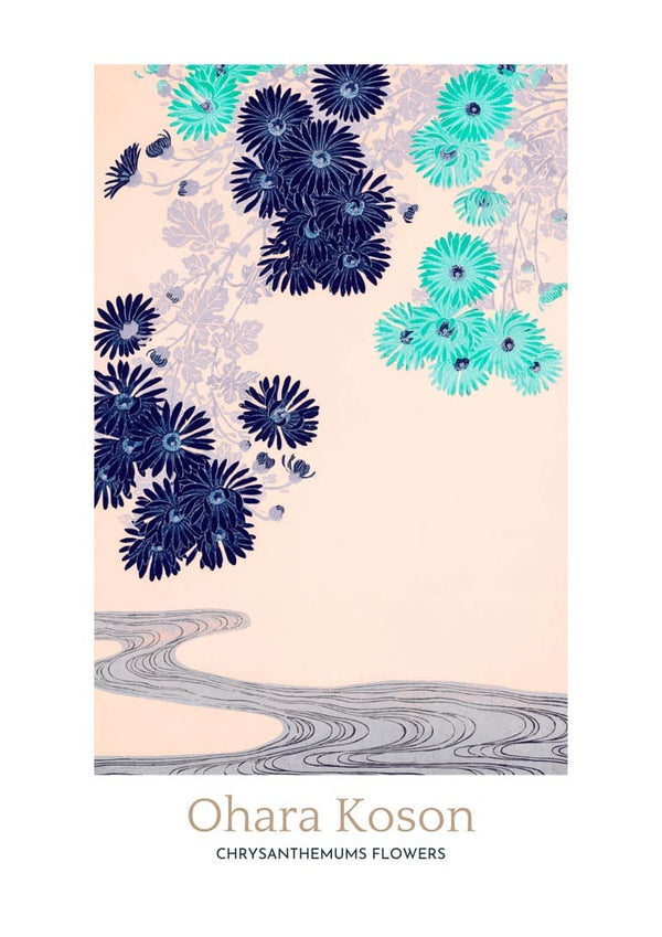 Japanese art poster of blue and teal chrysanthemums above a flowing stream, Ohara Koson Chrysanthemums Flowers.