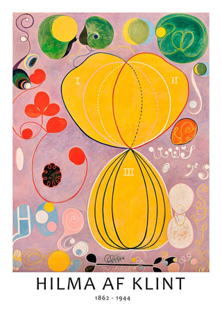 Colorful abstract painting with yellow, green, and red shapes on a purple background by Hilma af Klint.