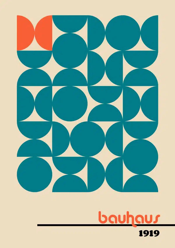 Abstract Bauhaus poster with blue geometric shapes, one orange accent, "bauhaus" and "1919" text at the bottom.