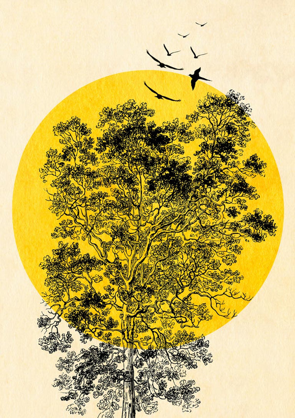 Poster of a large yellow sun behind a tree, with black birds flying overhead.