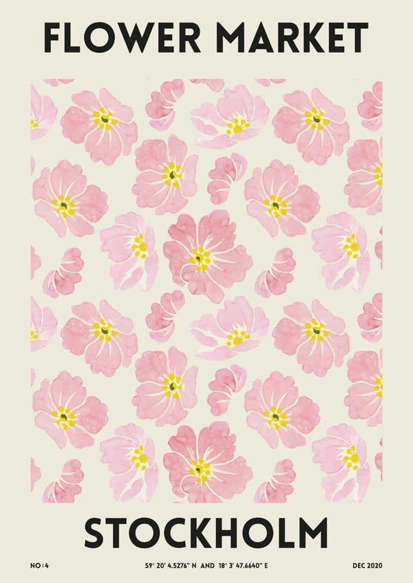 Poster with pink flowers and bold text reading "Flower Market Stockholm" on a cream background.