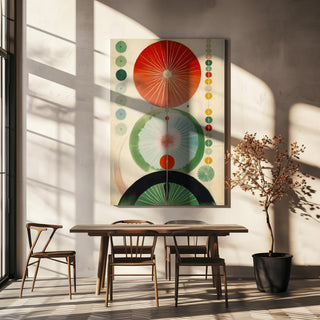 Green Hilma No. 2 canvas print hanging above a wooden dining table in a sunlit room.