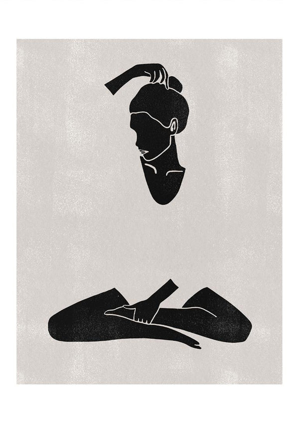 Minimalist black silhouette of a peaceful woman tying her hair, featured on the Calm and Peaceful Woman poster.