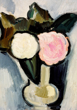 Poster of "Flowers in a Vase" by Marsden Hartley showing two flowers in a vase with bold, expressive brushstrokes.