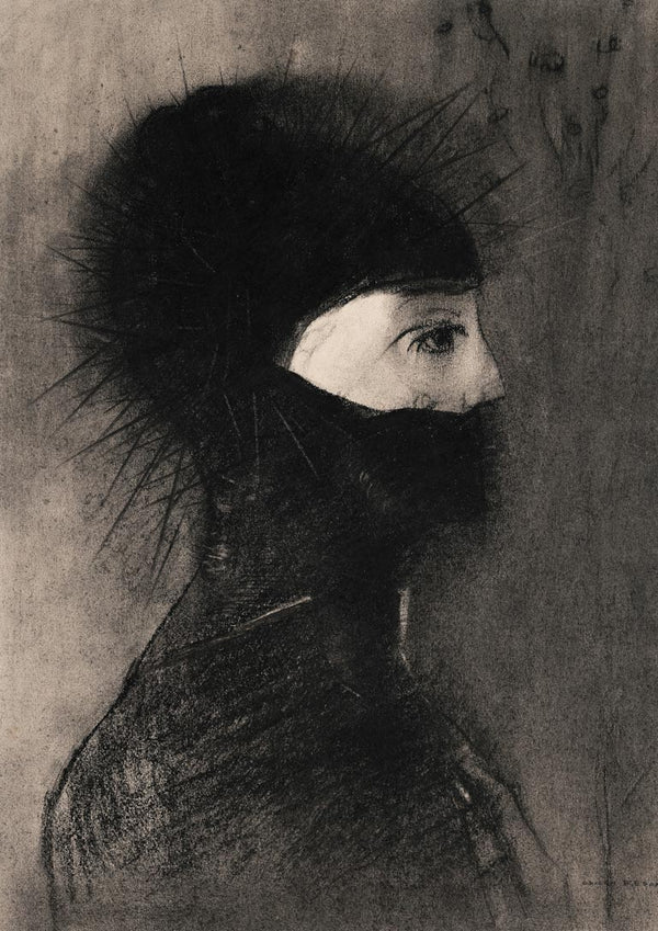 Profile of a figure in dark, spiked armor helmet; moody, shadowy tones by Odilon Redon.