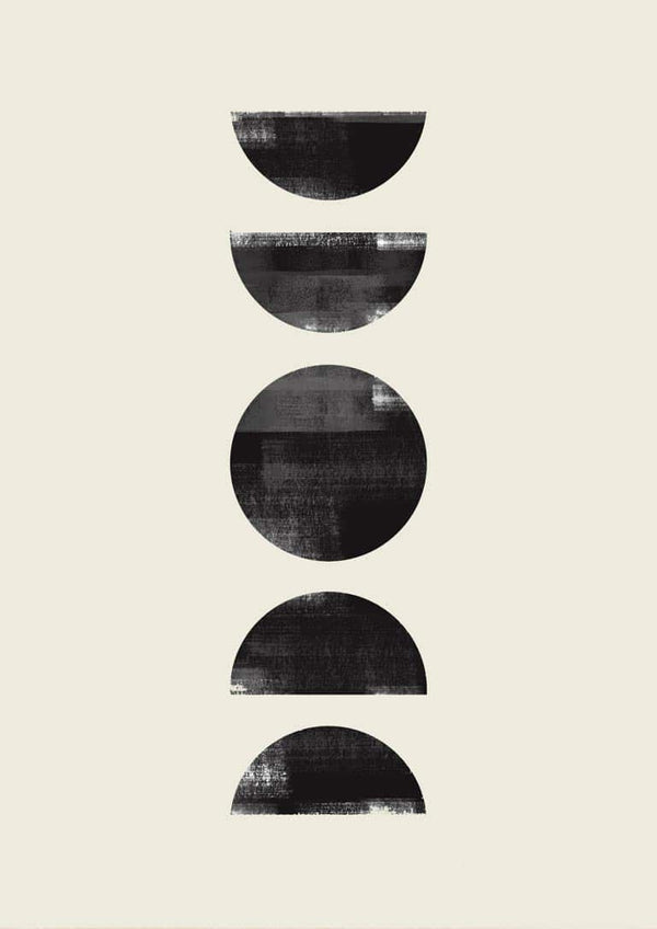 Minimalist Black Circles Plakat featuring five textured black geometric shapes on a light background.