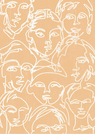 Abstract white line drawings of multiple faces on a beige background, featured on the Faces in White Plakat product page.