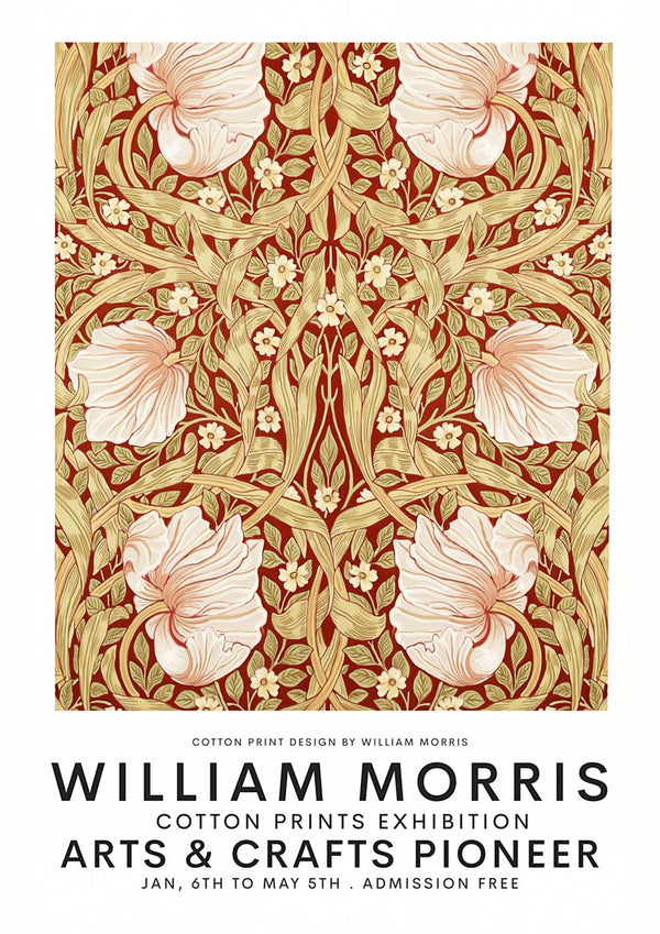 William Morris cotton print poster featuring intricate floral patterns in warm tones with exhibition details below.