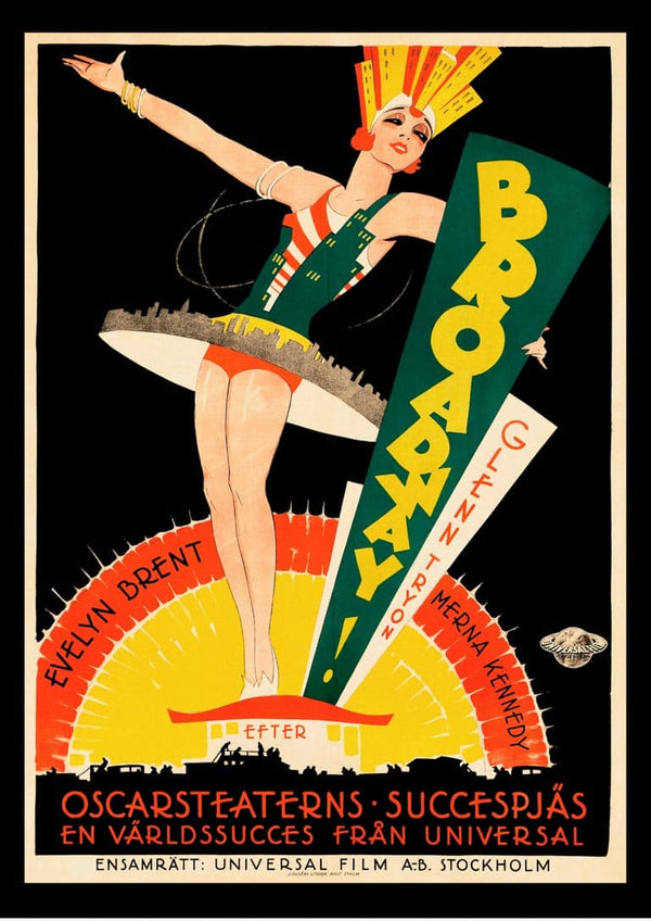 Art Deco Broadway Vintage Plakat featuring a dancer, bold typography, and vibrant colors on a black background.