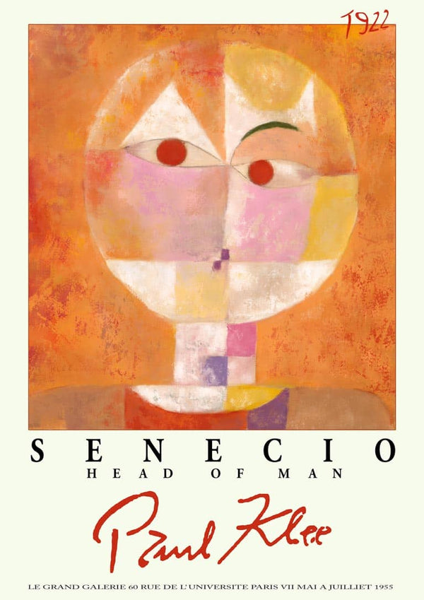Abstract portrait "Head of Man" by Paul Klee, geometric shapes in warm colors with artist’s name and title displayed.