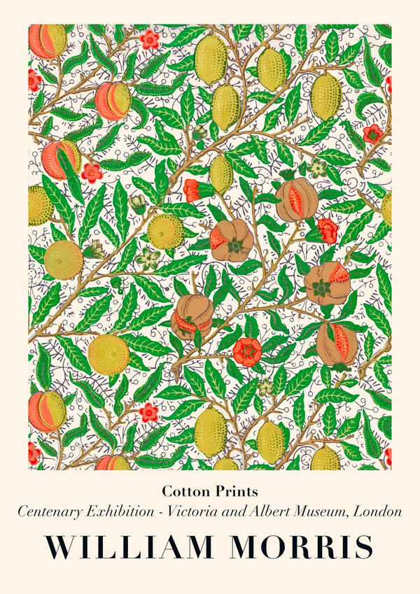 Art print of William Morris's "Lemons" design with colorful lemons, leaves, and flowers on a white background.