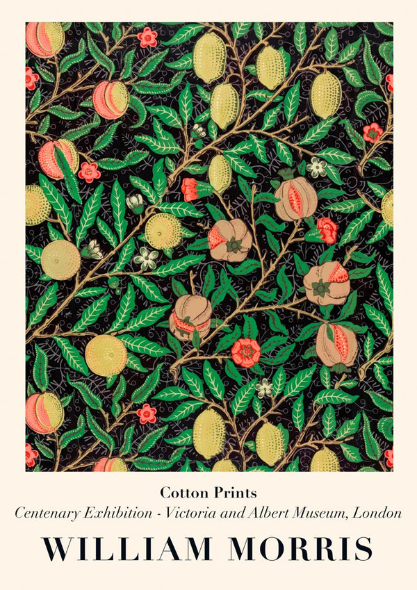 Art print of William Morris’s Black Lemons design with lemons, branches, and leaves on a dark background.