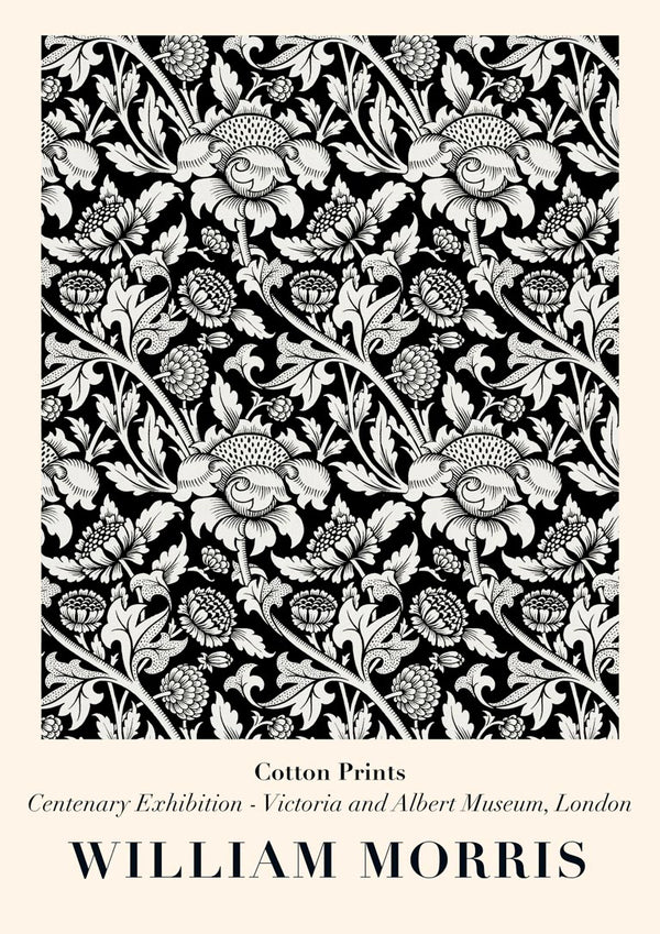 Intricate black and white floral pattern design by William Morris featured on a White Flowers product page.