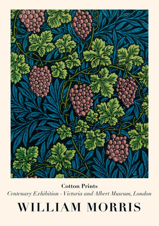 Vintage grapes pattern with green leaves on a dark background, designed by William Morris.
