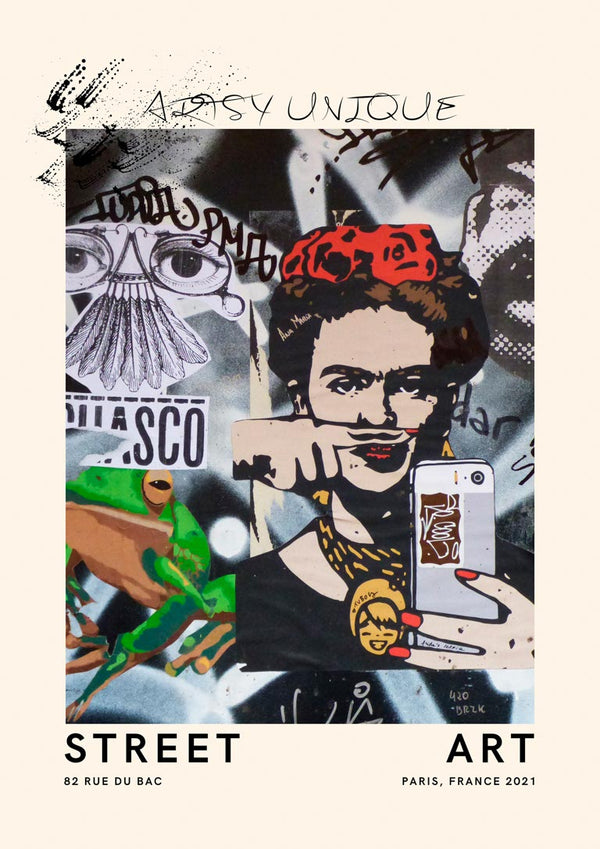 Colorful street art collage featuring a woman with flowers in her hair, holding a phone; frog and graffiti details.