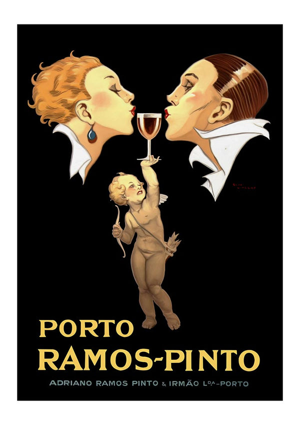 Vintage Ramos-Pinto poster with two people facing a glass of wine and a cherub holding it below.